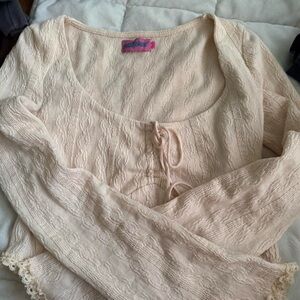 Edikted Cream Ribbed Tie Front Long Sleeve Blouse